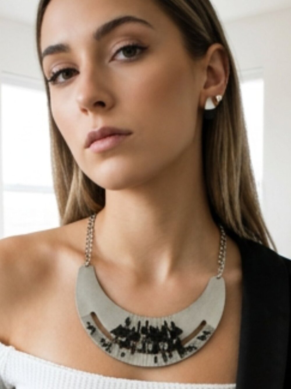 NEW Women Silver Black Bead Crescent Bib Necklace + Matching Earrings Set